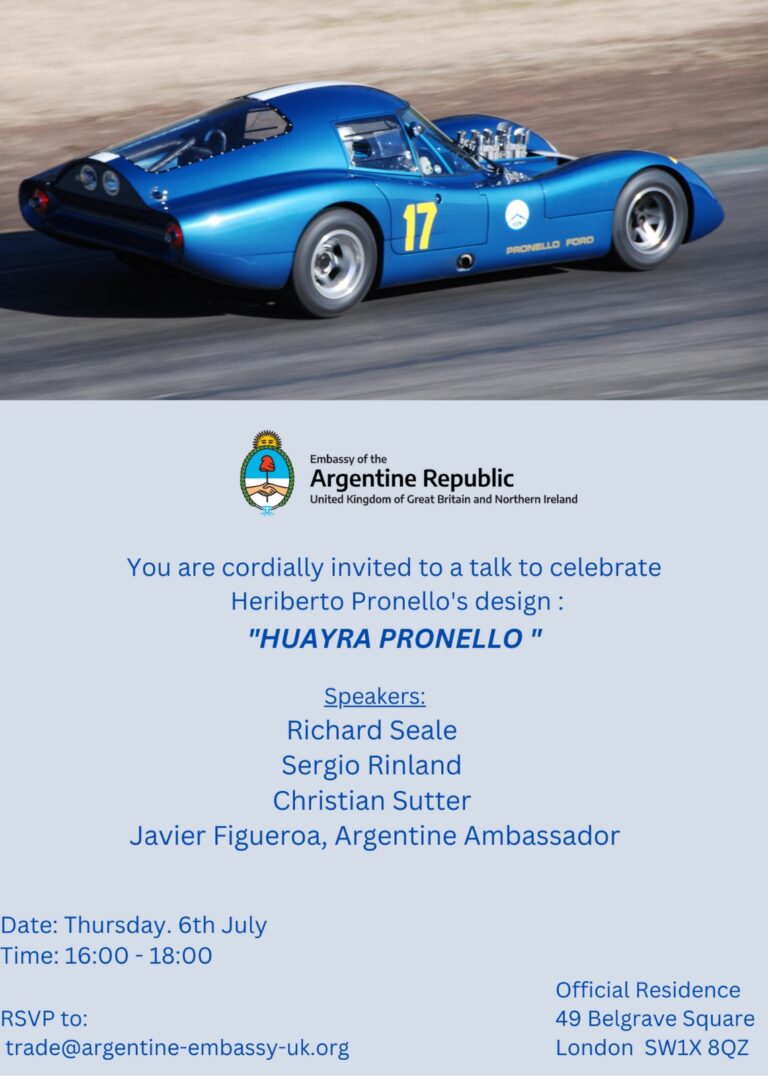 Invitación homenaje al Huayra Pronello Ford en la Embajada